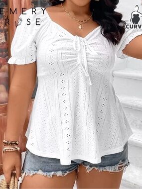 SHEIN Plus Eyelet Embroidery Drawstring Front Sleeve Peplum Schiffy Tee.